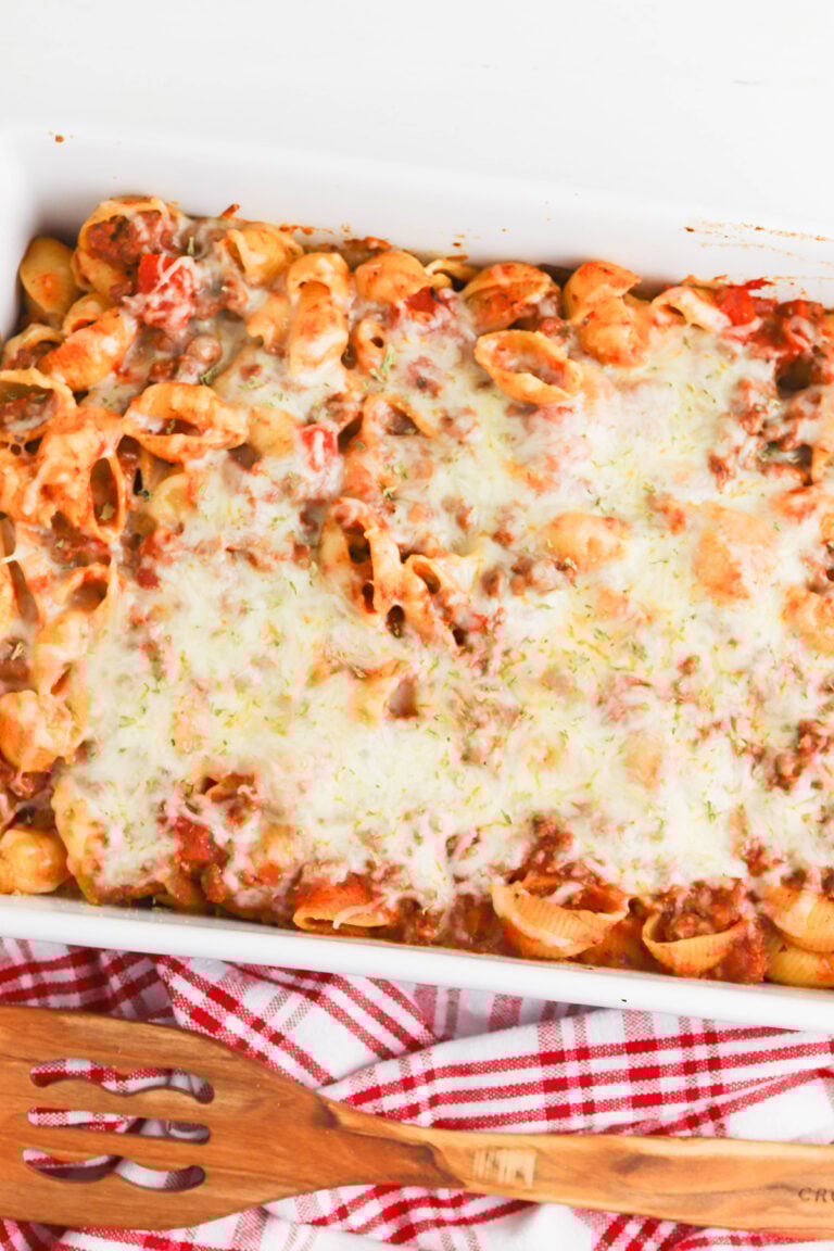 Baked Italian Pasta in white baking dish.