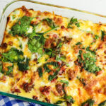 Breakfast Casserole in glass baking pan on counter.