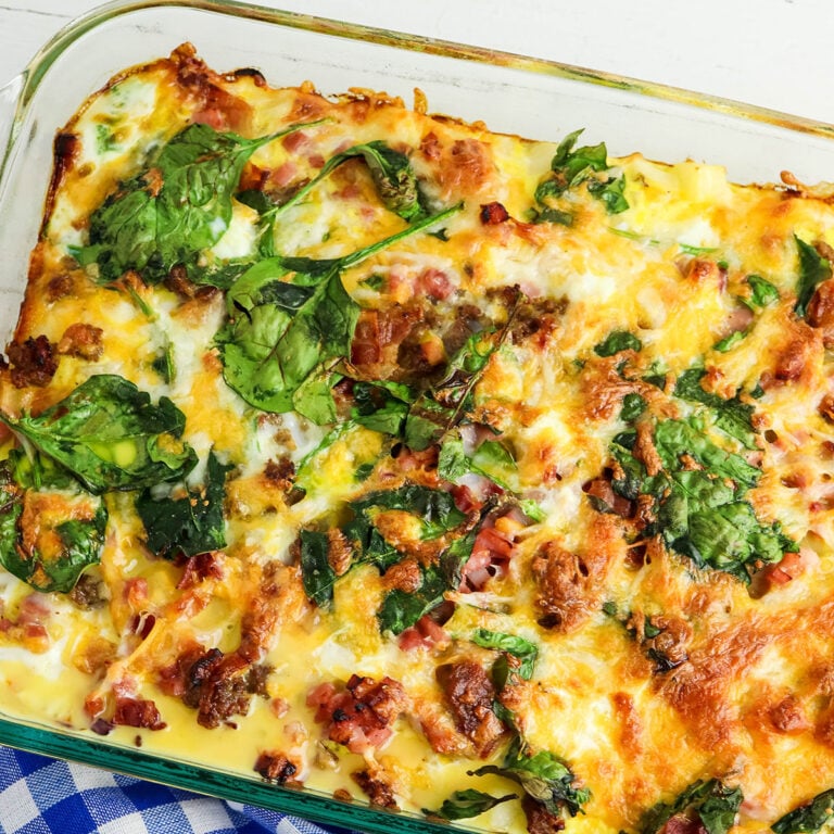 Breakfast Casserole in glass baking pan on counter.