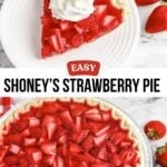 Strawberry Pie in baking pan and a slice on a plate.