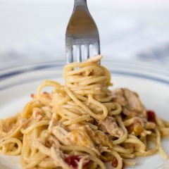 Slow Cooker Rotel Chicken Spaghetti