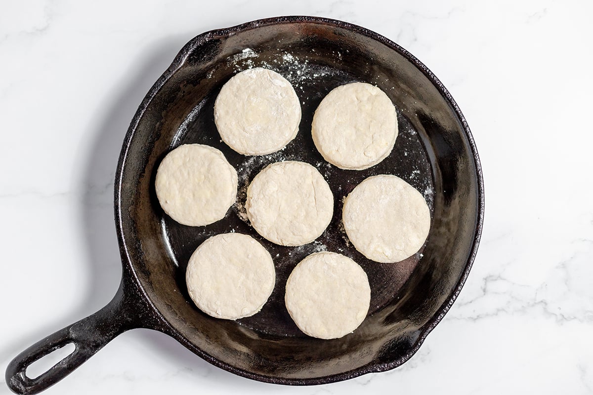 Biscuit dough in cast iron skillet.