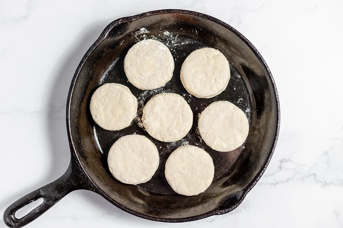 Biscuit dough in cast iron skillet.