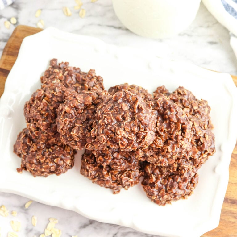 Chocolate Peanut Butter Oatmeal Cookies on white serving platter.