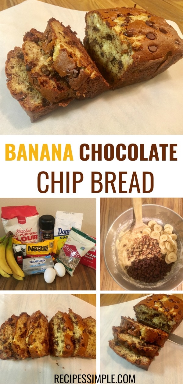 Easy recipe for Banana Chocolate Chip Bread with cream cheese that is perfect for breakfast, brunch or a snack. #bananabread #bananachocolatechipbread #breakfast #bananabreadrecipe #easyrecipe
