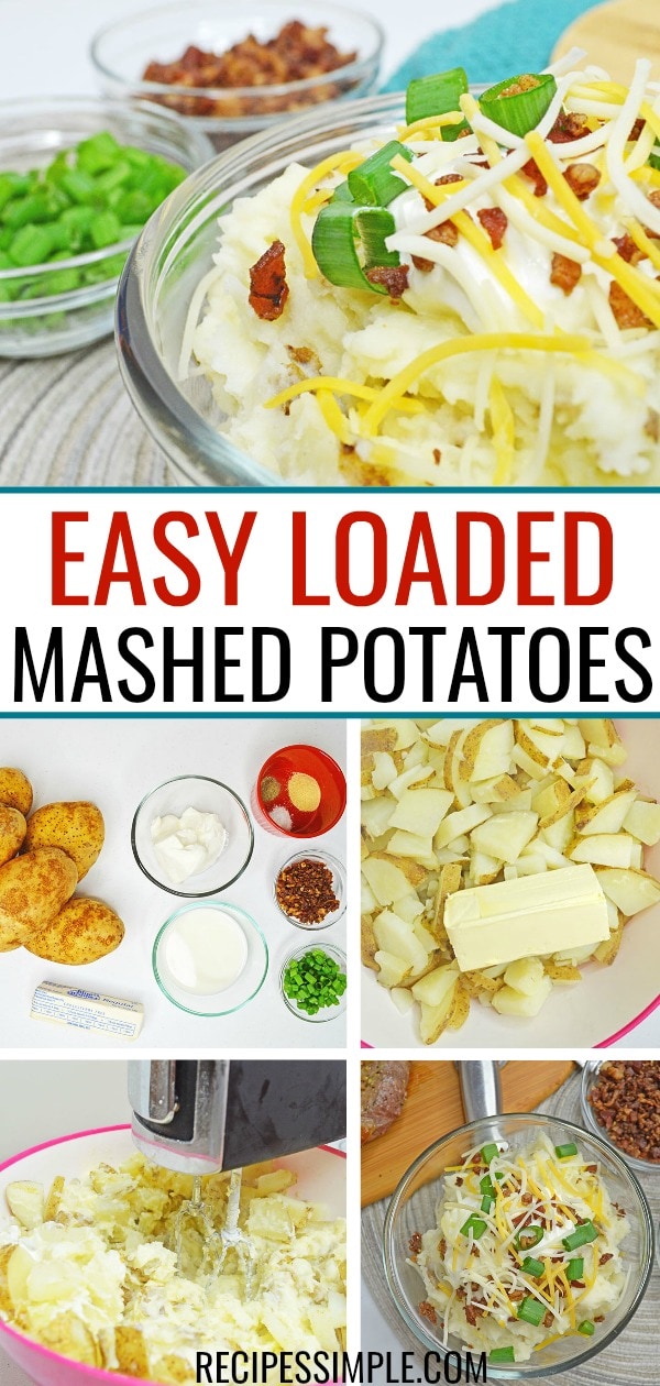 This Loaded Mashed Potatoes recipe is a creamy goodness of cheddar cheese, bacon, sour cream and more! #mashedpotatoes #potatorecipes #sidedishes