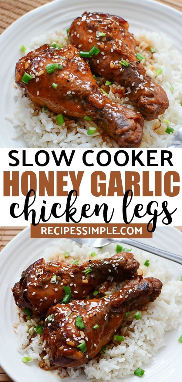 Make this Slow Cooker Honey Garlic Chicken Legs for a delicious dinner. It's perfect for a busy weeknight meal. #slowcookerchickenlegs #slowcookerchicken #slowcookerrecipes #chickenrecipes #chickenlegrecipes