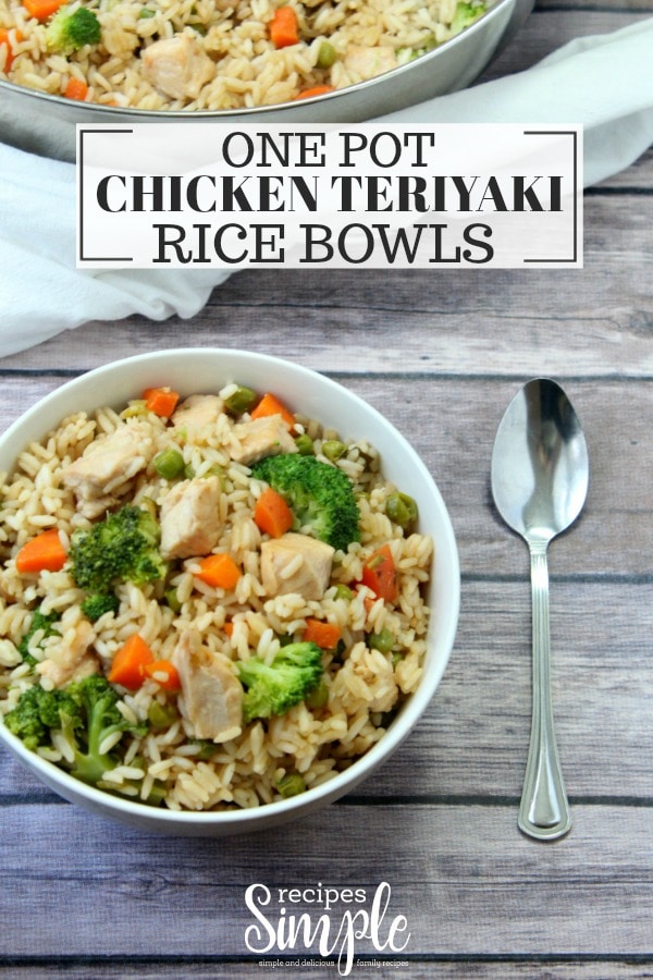 These chicken teriyaki rice bowls are a complete meal in one pan. They have protein, fiber, vegetables and lots of flavor. #chickenteriyakiricebowls #chickenteriyaki #chickenrecipes #chickenteriyakirecipes