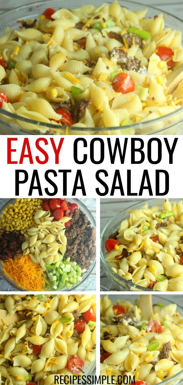 This easy Cowboy Pasta Salad is full of flavor with bacon, ground beef, cheese, Worcestershire sauce and hot sauce! #pastarecipes #pastasalad #cowboypastasalad #cowboypastasaladrecipe #cowboypastagroundbeef #easyrecipe