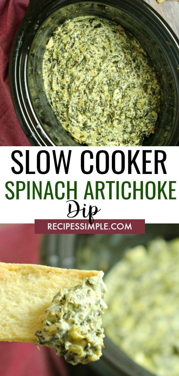 This Slow Cooker Spinach Artichoke Dip is rich and creamy and so delicious! It's super easy to make in the slow cooker! #spinachartichokedipcrockpot #slowcookerrecipes #spinachartichokedipeasy #slowcookerspinachartichokedip #appetizerseasy #appetizersforparty #crockpotrecipes