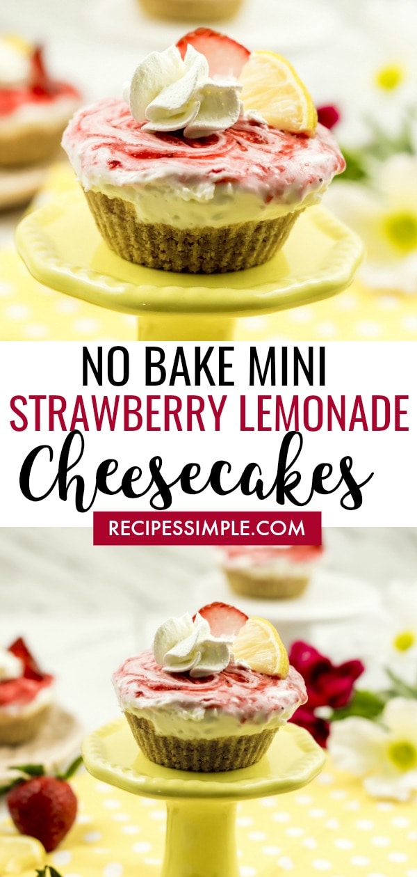 These No Bake Strawberry Lemonade Mini Cheesecakes are the perfect combination of summer flavors for a refreshing delectable dessert! #minicheesecakes #nobakeminicheesecakes #nobakecheesecake #strawberrycheesecake #nobakedesserts