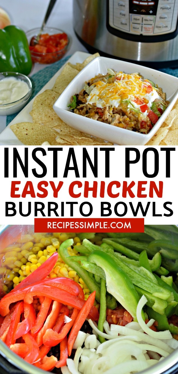 Easy and delicious Instant Pot Chicken Burrito Bowls is the perfect dinner recipe for busy weeknights. #instantpotrecipes #chickenburritobowls #chickenrecipes