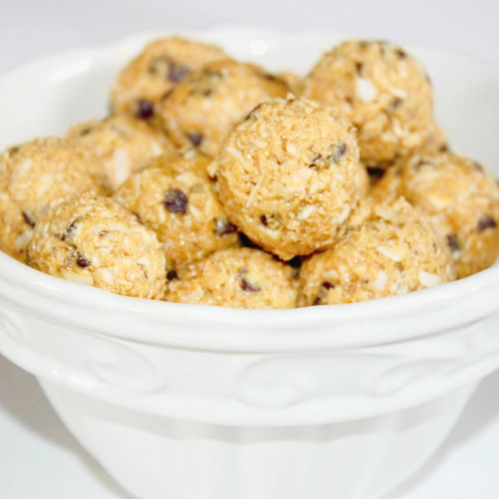 Peanut Butter Oatmeal Balls in white serving bowl.