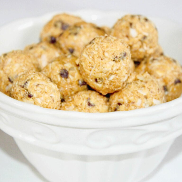 Peanut Butter Oatmeal Balls in white serving bowl.