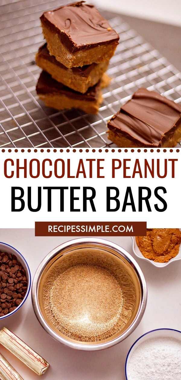 Delicious Homemade Chocolate Peanut Butter Bars are a quick and easy dessert with only five ingredients! They are the perfect dessert bar for chocolate and peanut butter fans! #dessertrecipes #chocolatepeanutbutterbars #easydesserts