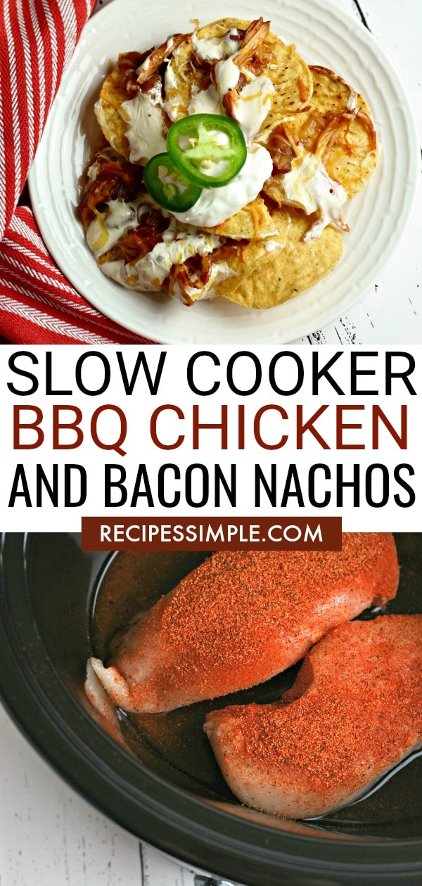 Slow Cooker BBQ Chicken and Bacon Nachos are the perfect make ahead and assemble later dinner or appetizer. Easy and delicious dinner idea! #slowcookerrecipes #nachos #chickenrecipes #chickennachos