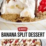 Banana Split dessert in a glass dish and a serving on a plate.