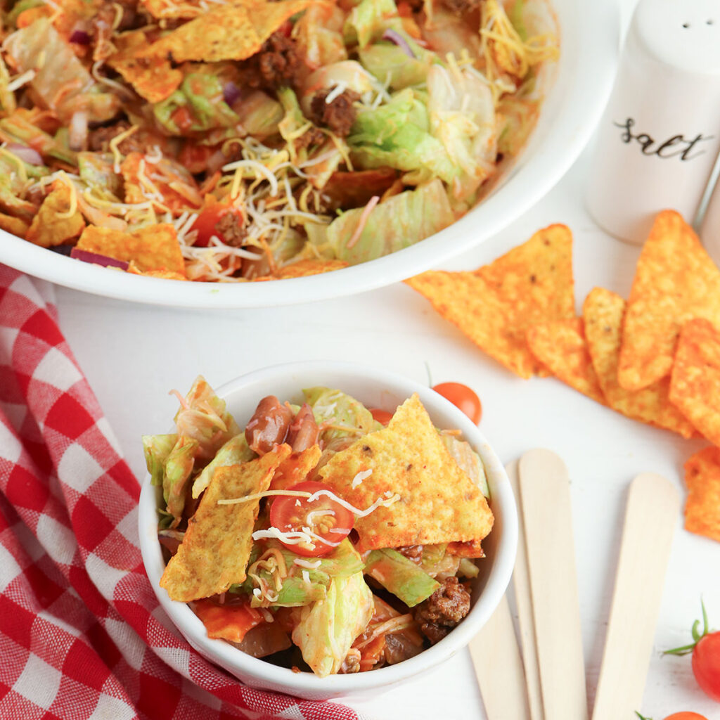 Dorito Taco Salad in white bowl.