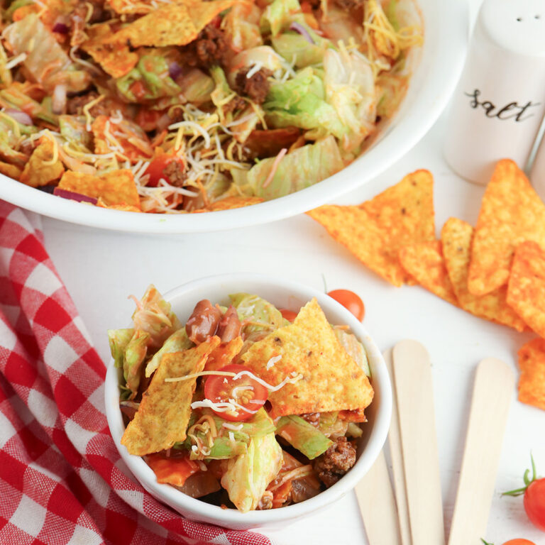 Dorito Taco Salad in white bowl.