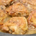 Keto Garlic Roasted Chicken Thighs Parmesan Gravy In Skillet