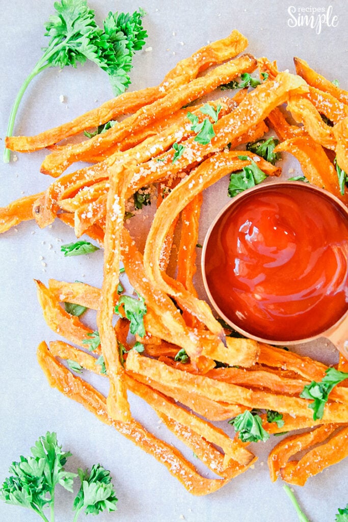 Baked Parmesan Sweet Potato Fries On Plate