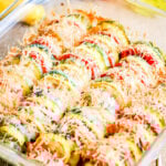 Squash Zucchini Tomato Bake in glass pan