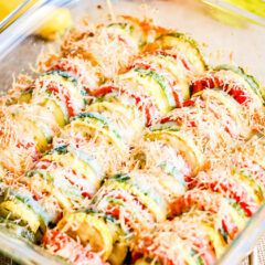 Squash Zucchini Tomato Bake in glass pan