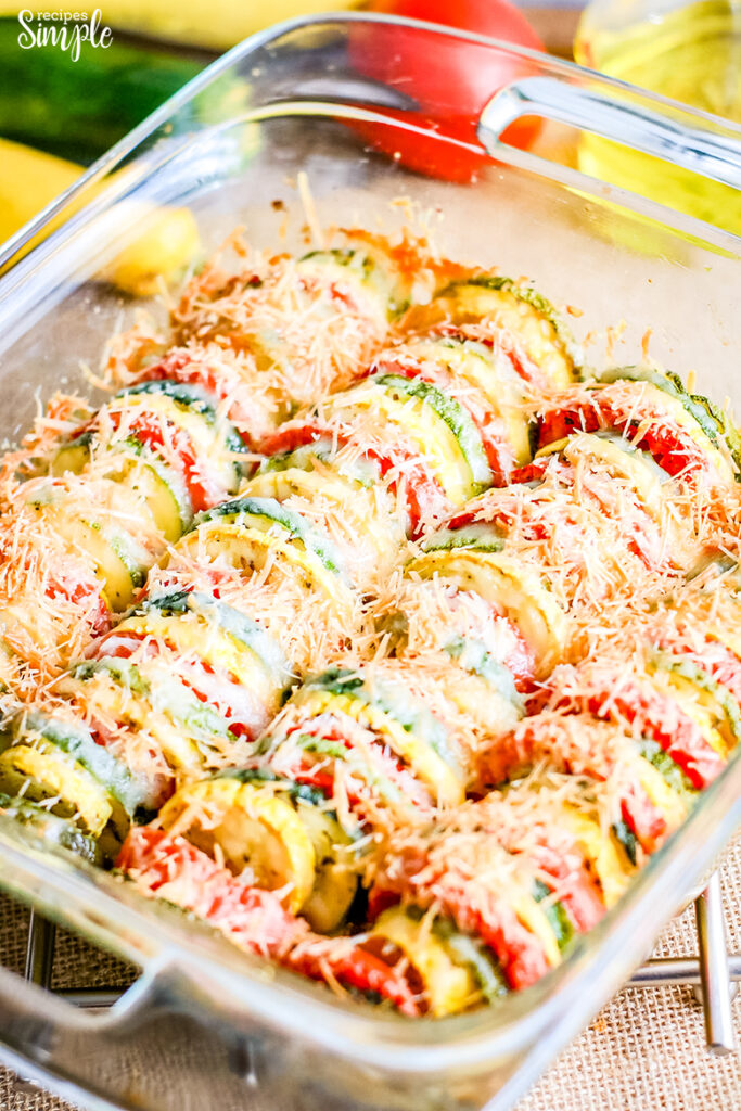 Squash Zucchini Tomato Bake in glass pan