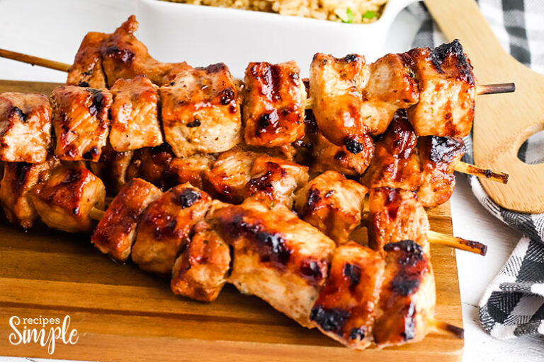 Grilled Pork Kabobs on wooden serving tray