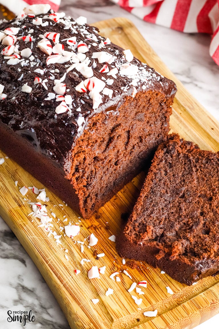 Chocolate Peppermint Pound Cake sliced on wood serving board