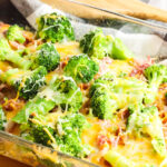 Cooked Ranch Cheddar Chicken and Broccoli Bake in Glass Baking Dish