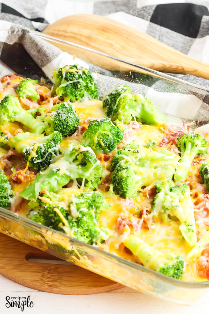 Cooked Ranch Cheddar Chicken and Broccoli In Glass Baking Dish