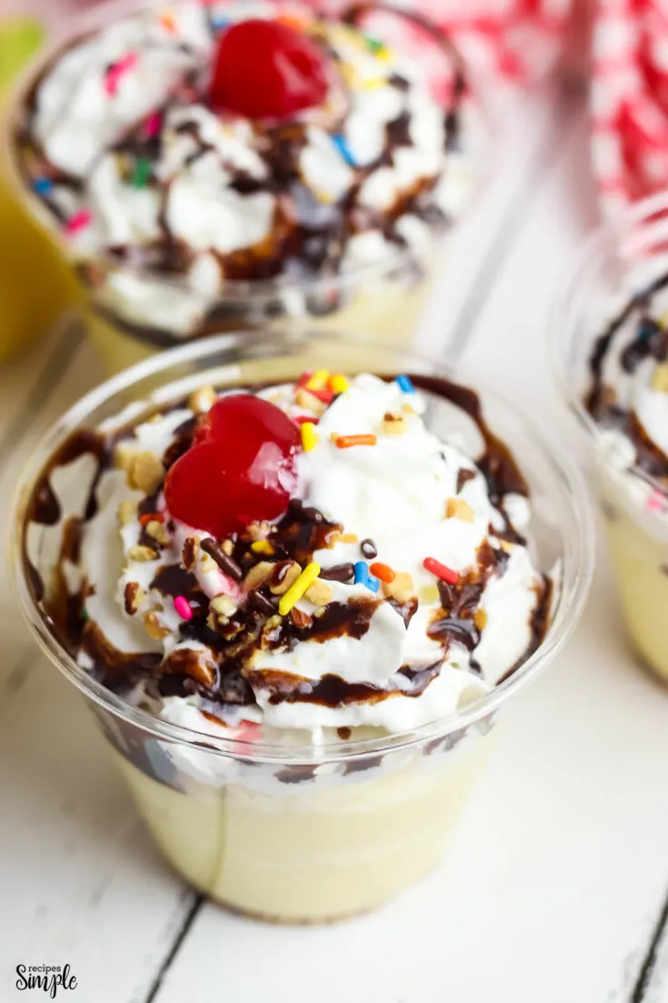 Individual Banana Split Pudding cups with toppings