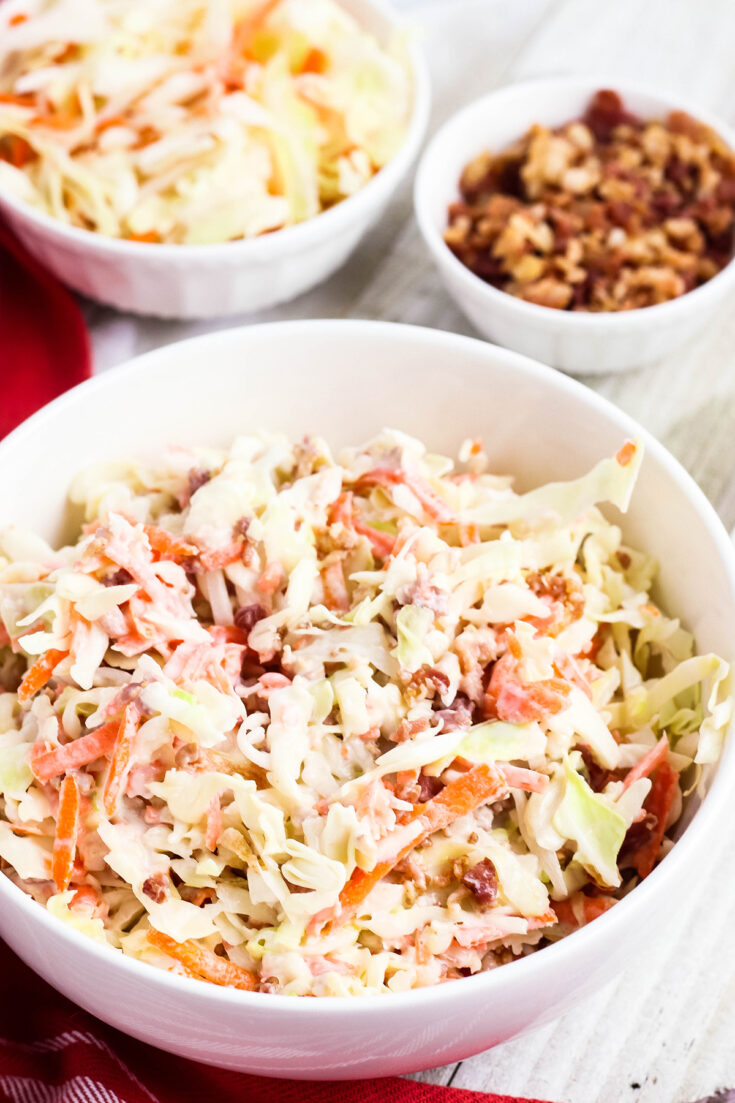 Bacon Ranch Coleslaw in white bowl ready to serve