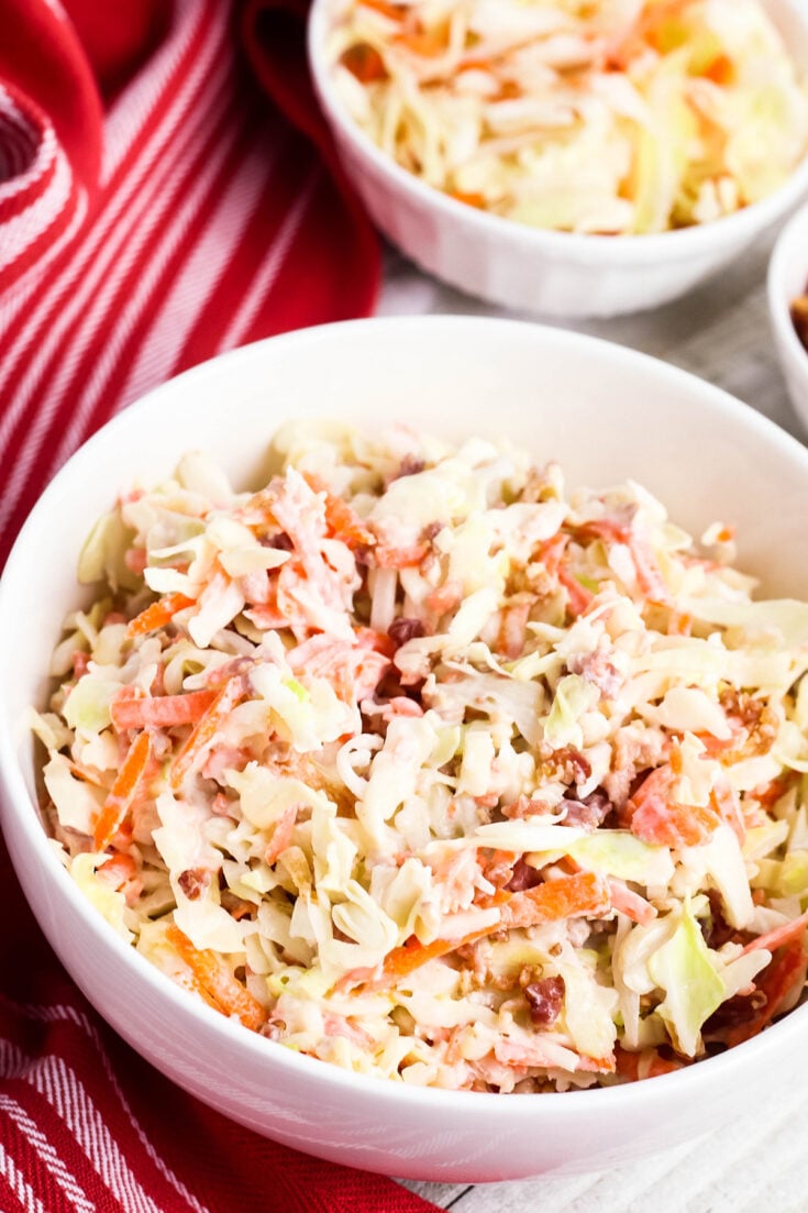 A white bowl with Bacon Ranch Slaw
