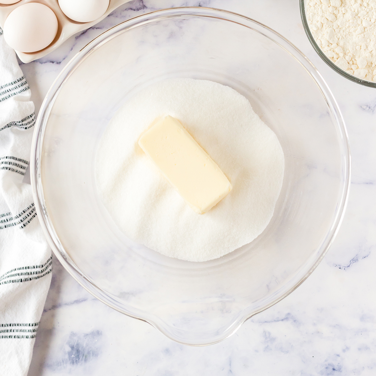 Butter and Sugar in Glass Bowl.