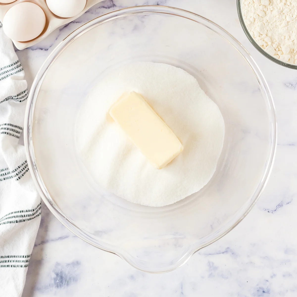Butter and Sugar in Glass Bowl.