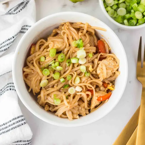 Serving of Chicken Pad Thai in White bowl.