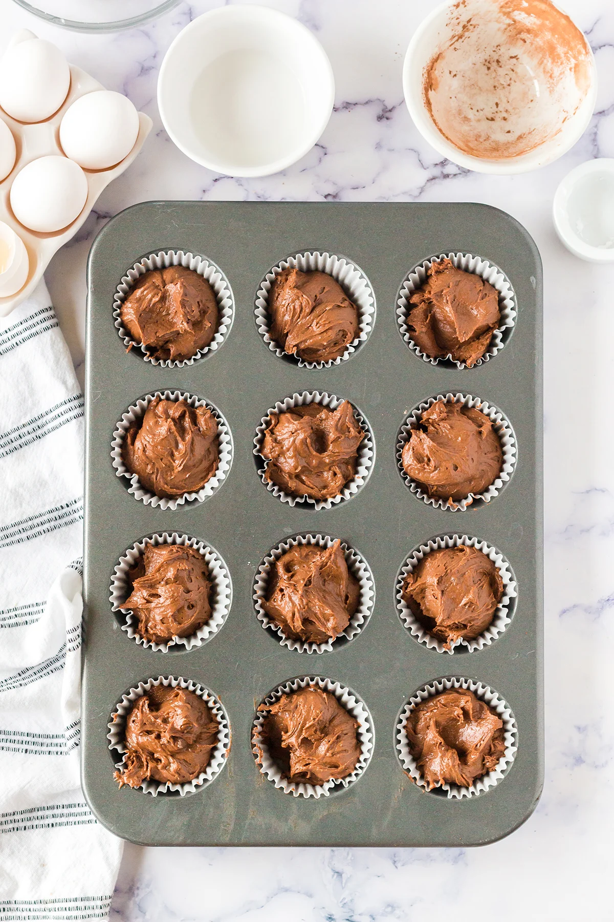 Cupcake Batter in pan ready to bake.