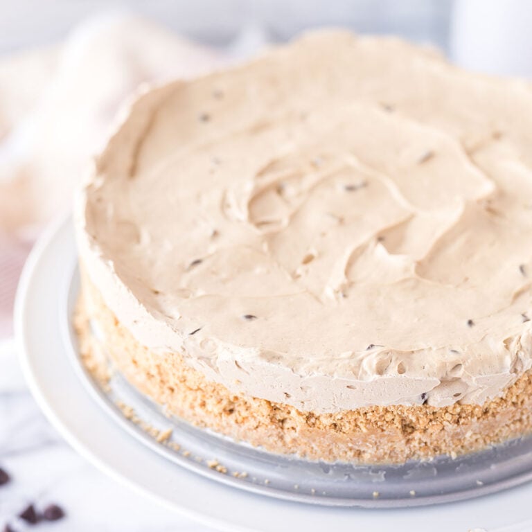 Tiramisu Cheesecake on white serving platter.