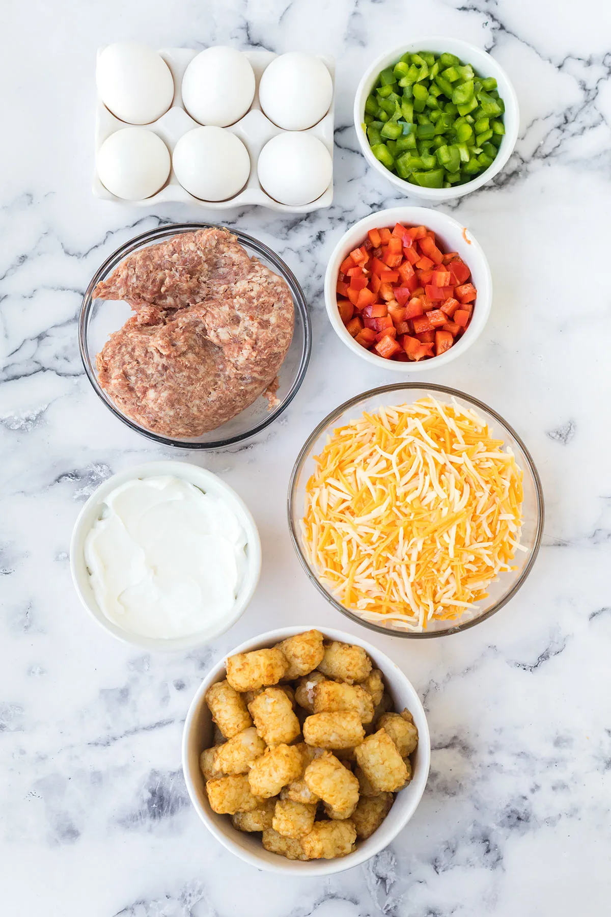 Ingredients for breakfast casserole set out on counter.
