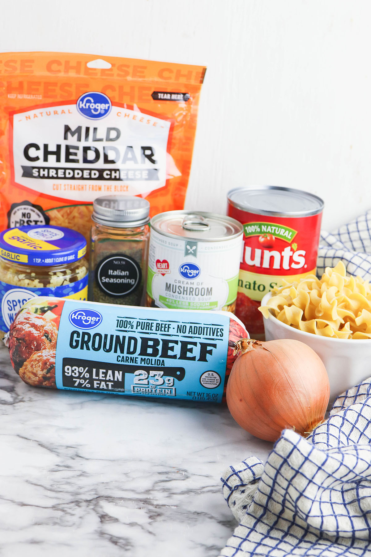 Ingredients to make casserole set out on counter.