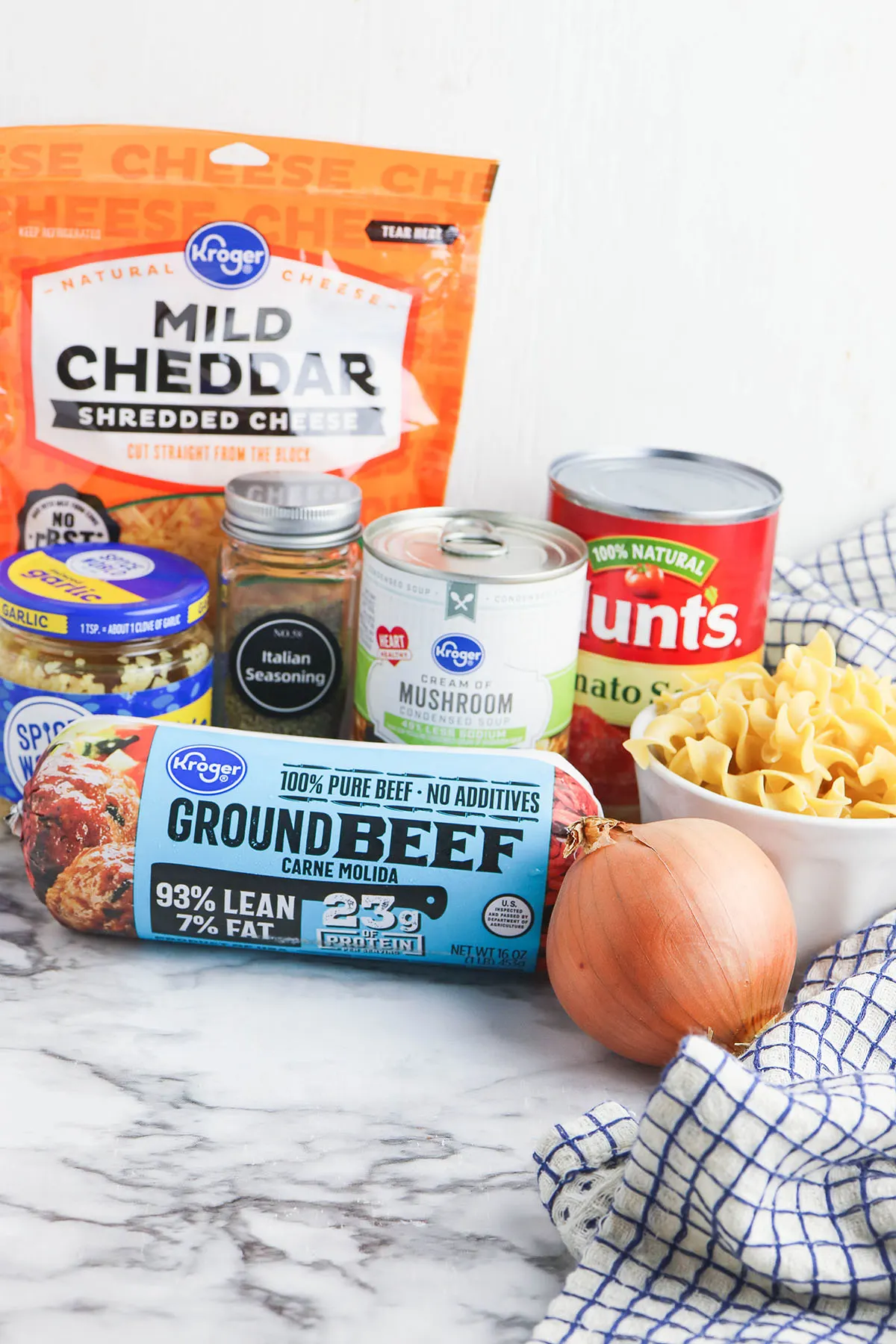 Ingredients to make casserole set out on counter.