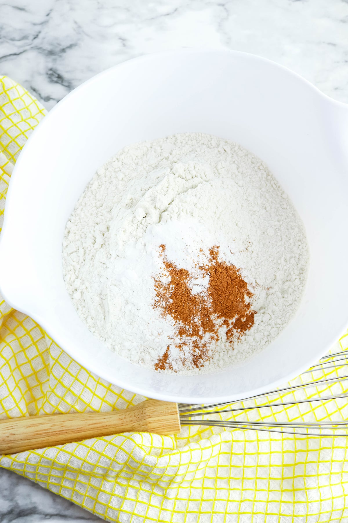 Muffin dry ingredients in mixing bowl.