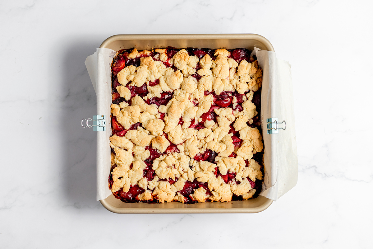 Baked Cherry Bars cooling in baking pan.