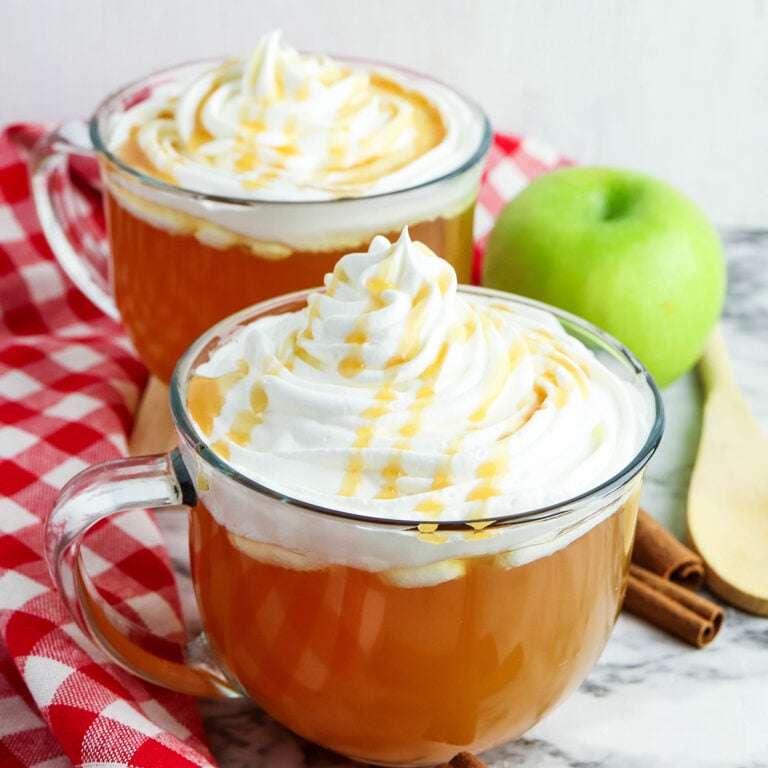 2 Caramel Apple Spice drinks in glass cups.