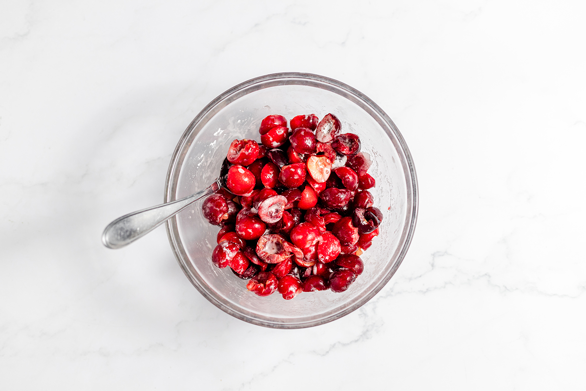 Cherries, cornstarch, sugar, and lemon juice in mixing bowl.