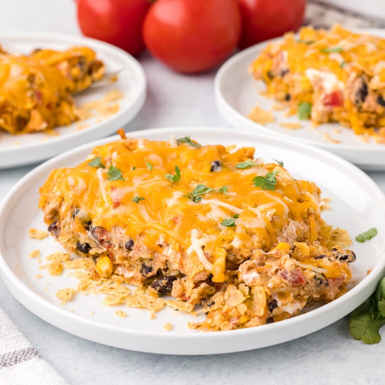 Serving of Chicken Tortilla Casserole on white plate.