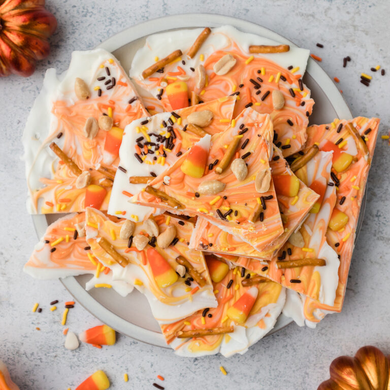 Candy Corn Bark pieces on serving platter.