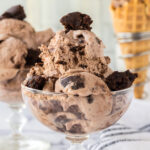 Chocolate Brownie Ice Cream in glass serving dish.